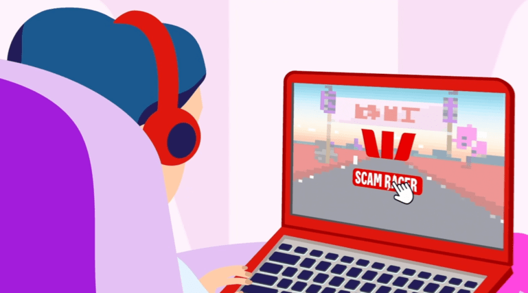 Illustration of a person playing Scam Racer game on laptop