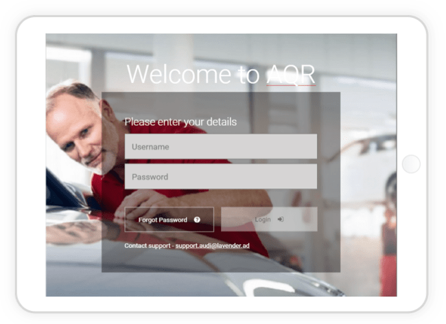 iPad displaying the Audi Q-Check login screen
