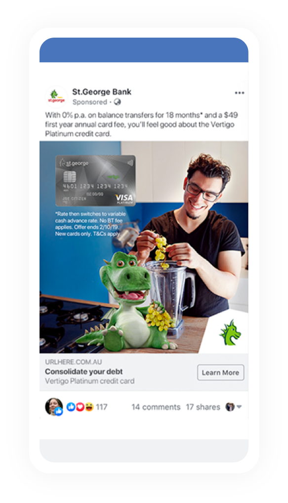 St.George Vertigo card targeted Facebook social post