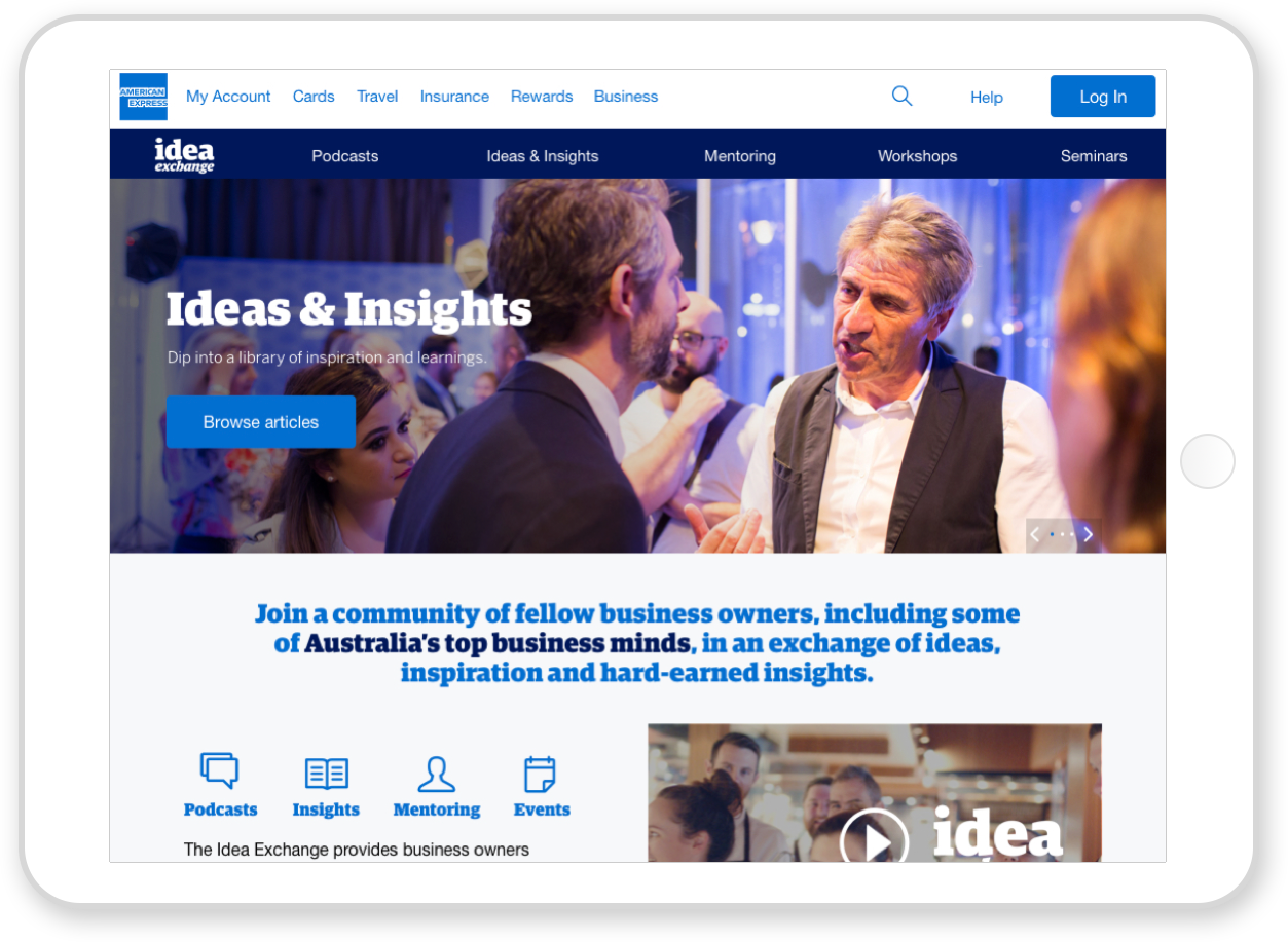iPad displaying American Express Idea Exchange Ideas & Insights webpage