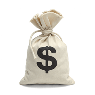 Tied linen bag with a dollar sign on the front
