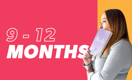 9-12 months with a graduate holding notebook reflecting on her first year