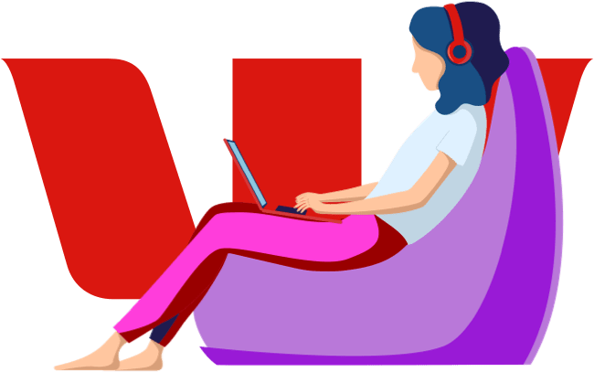 Illustration of person sitting on bean bag with laptop and earphones in front of the Westpac logo