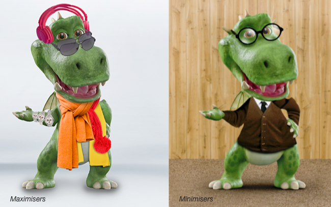 Maximiser Little Dragon dressed in luxury items standing beside Minimiser Little Dragon dressed smartly in a cardigan and glasses